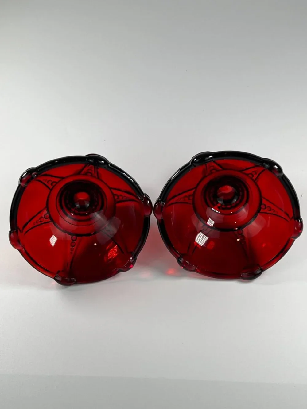 Pair Of Vintage Anchor Hocking Royal Ruby Oyster & Pearl Candle Holders